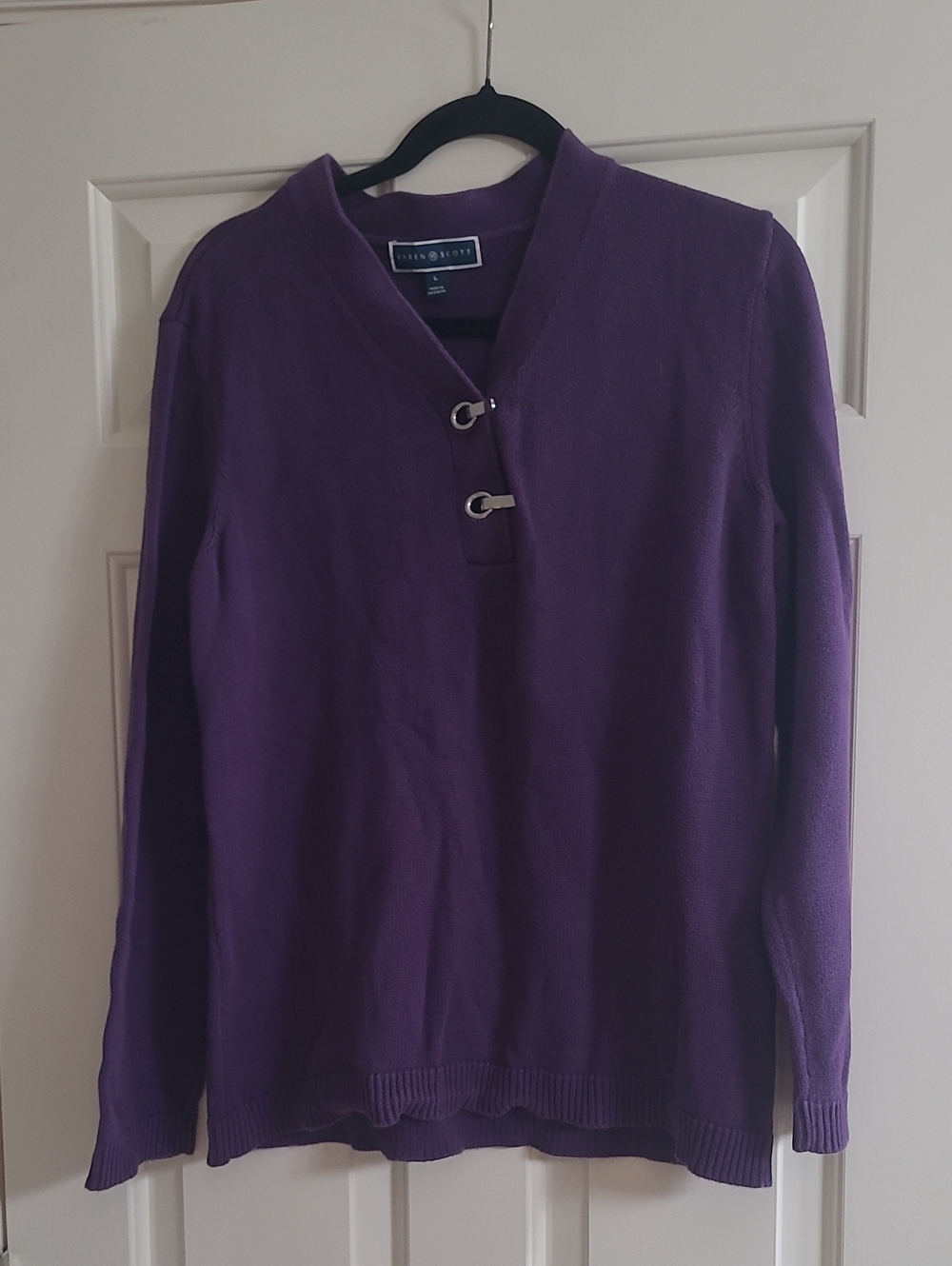 Karen Scott Deep Purple Womens V-Neck Sweater with Toggle Accents